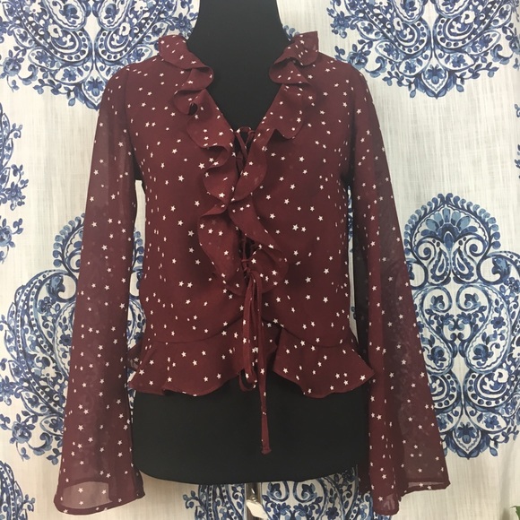 ELODIE red star print ruffle lace-up top SZ S - Picture 4 of 8